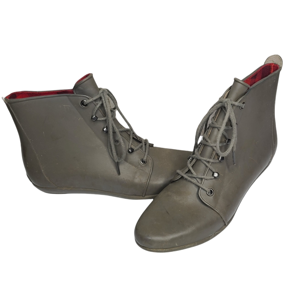 Loeffler Randall Grey Lace Up Rubber Rain Boots Preowned Size 10 Ladies
